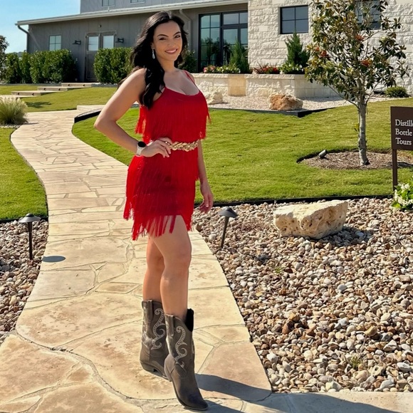 Venus Tiered Fringe Mini Dress Sz XS Red - Picture 1 of 7